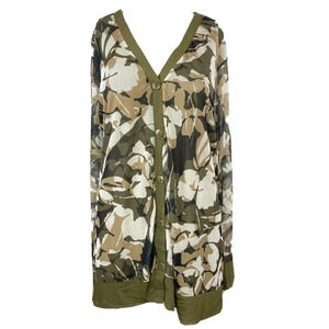 Chico's Cardigan Women Sz 3‎ XL Olive Green Floral Camo Mesh Knit Top